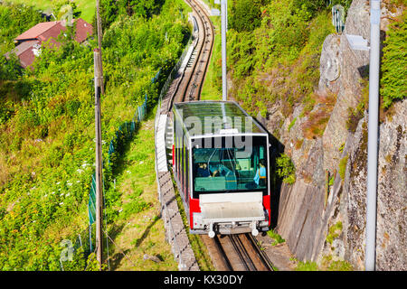 Floibanen is a funicular in Bergen city, Norway. Floibanen runs up the Floyen mountain. Stock Photo