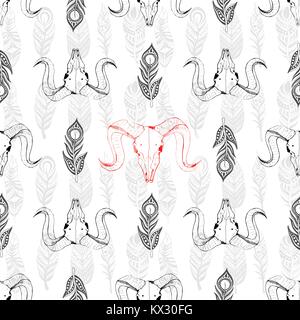 Seamless pattern with skulls of goat and hand-drawn feathers . Line drawing of skulls. Mystical background for your design. Stock Vector