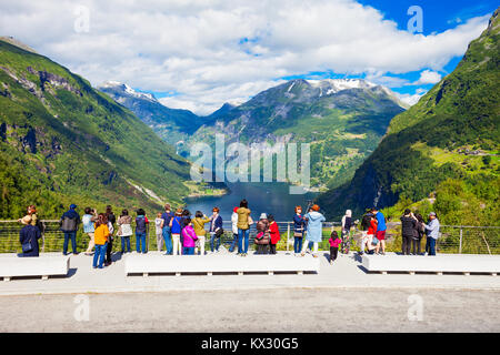 Flydalsjuvet viewpoint with Geirangerfjord and Geiranger village aerial view, Norway Stock Photo