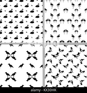 Set of four seamless patterns with different birds. The crow, flamingo, swan, magpie. Black silhouettes on a white background. Design for fabric and d Stock Vector