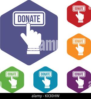 Hand presses button to donate icons set Stock Vector