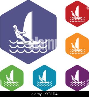 Man on windsurf icons set Stock Vector
