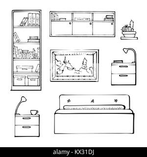 Sketch set isolated furniture. Linear black furniture on a white background. Vector illustration Stock Vector
