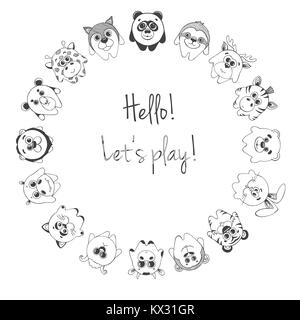 Different cute animals stand in a circle. Inscription Hello, Let's play. Children's pattern for decoration. Vector illustration of a sketch style. Stock Vector