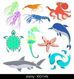 Silhouettes of various sea creatures. Shrimp, cancer, jellyfish, seahorse, fish and other creatures isolated on white background. Vector illustration. Stock Vector