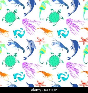 Marine life. Seamless multicolored pattern. Vector illustration in a flat style. Stock Vector
