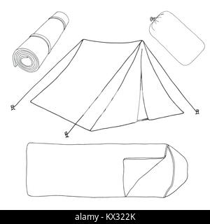 Tourism and camping set. Hand drawn vector illustration of a sketch style. Linear icon. Stock Vector