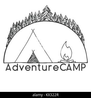 Tent and bonfire against the trees. Emblem, logo camping. Hand drawn vector illustration of a sketch style. Stock Vector