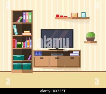 Design TV zone in a flat style. Interior living room with furniture, tv and shelf. Vector illustration Stock Vector