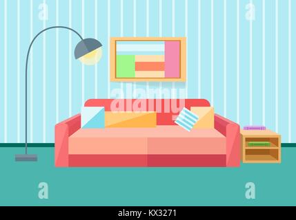 Interior in a flat style. Sofa, lamp. Vector illustration in a flat style. Stock Vector