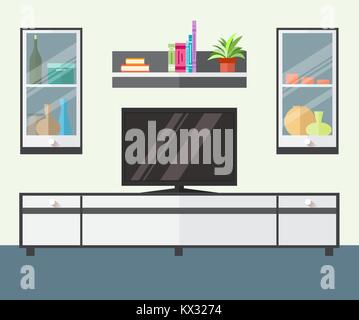 Design TV zone in a flat style. Interior living room with furniture, tv and shelf. Vector illustration Stock Vector