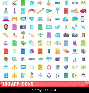 100 app icons set, cartoon style Stock Vector