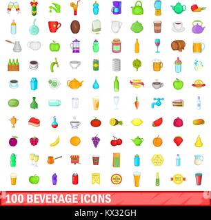 100 beverage icons set, cartoon style Stock Vector