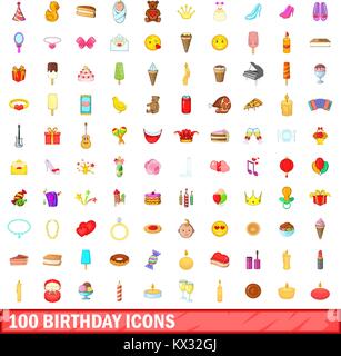 100 birthday icons set, cartoon style Stock Vector