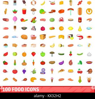 100 food icons set, cartoon style Stock Vector