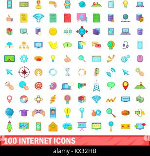 100 internet icons set, cartoon style Stock Vector