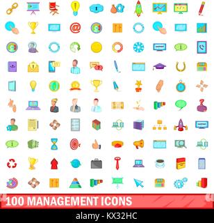 100 management icons set, cartoon style Stock Vector