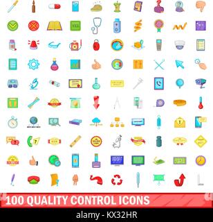 100 quality control icons set, cartoon style Stock Vector