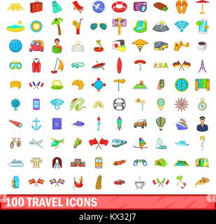 100 travel icons set, cartoon style Stock Vector