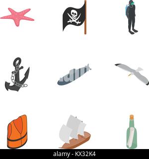 Nautical icons set, isometric 3d style Stock Vector