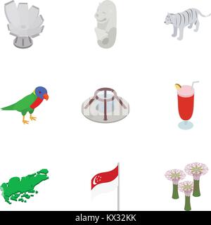 Singapore elements icons set, isometric 3d style Stock Vector