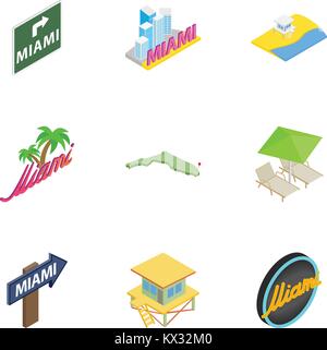 Welcome to Miami icons set, isometric 3d style Stock Vector