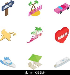 City Miami icons set, isometric 3d style Stock Vector