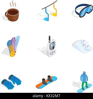 Snowboard equipment icons set, isometric 3d style Stock Vector