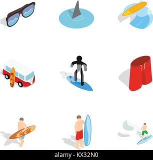 Surf symbols icons set, isometric 3d style Stock Vector