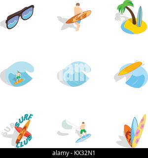 Summer boarding on waves icons set Stock Vector