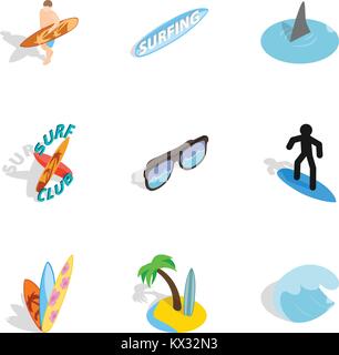 Surf elements icons set, isometric 3d style Stock Vector