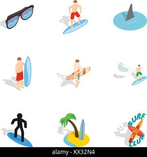 Surfing icons set, isometric 3d style Stock Vector