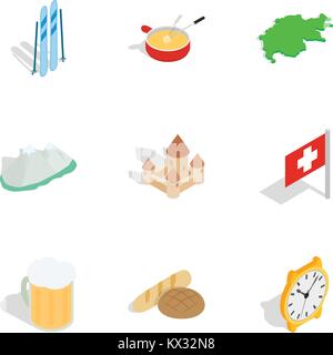 Switzerland cultural elements icons set Stock Vector