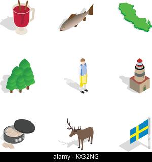 Travel to Sweden icons set, isometric 3d style Stock Vector