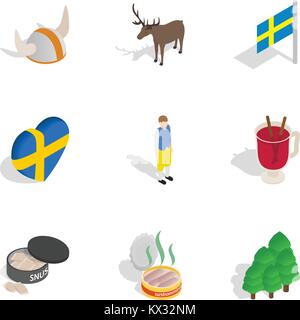 Symbols of Sweden icons set, isometric 3d style Stock Vector
