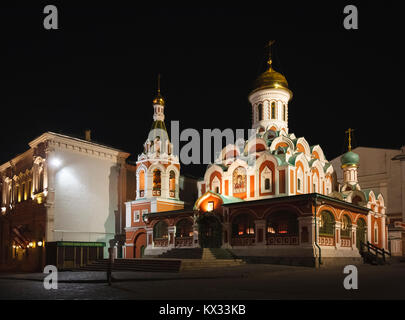 The reconstructed Russian Orthodox Kazan Cathedral (Cathedral of Our Lady of Kazan) in Red Square, Moscow, illuminated at night Stock Photo