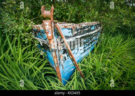 The prow of the wreck of an old blue wooden fishing boat stranded on the coast near the port of Roundstone in Connemara, Ireland Stock Photo