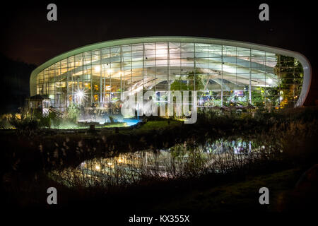 The aquadome at the Centre Parcs resort in Woburn illuminated at night. Stock Photo