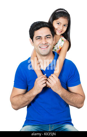 Smiling father and his daughter doing piggyback on White background Stock Photo