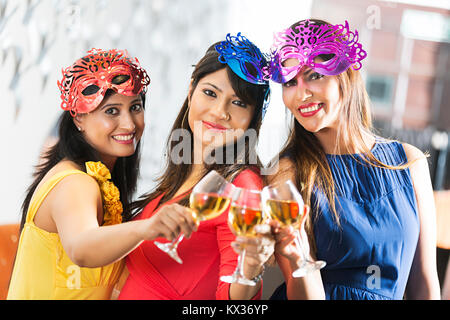 Three Ladies Friends Toasting Champagne-Glasses Enjoying New-Year Party Celebration Restaurant Stock Photo