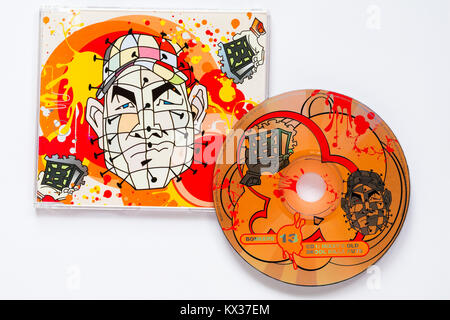 Hixxys Old Skool Killa Kuts CD removed from CD case - CD1 of Bonkers 13 CDs Hardcore Horror Show isolated on white background Stock Photo