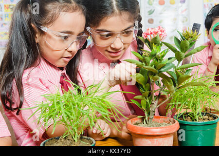 Indian School Kids Girls Plant-life Environmental-concern Checking Education Stock Photo