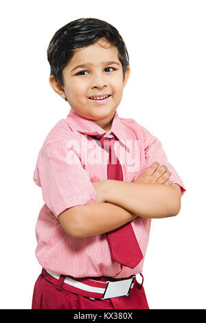 1 Indian School Kid Boy Student Arms Crossed Standing Stock Photo