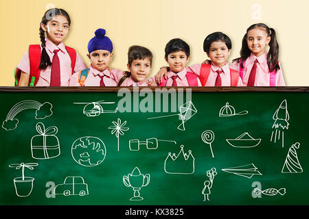 Group Indian School Childrens Students Classmate Blackboard Education in Classroom Stock Photo