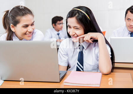 Indian School Students Girls Using Computer Studying Showing Thumbsup ...