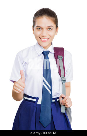 student girl with school bag showing thumbs up Stock Photo - Alamy