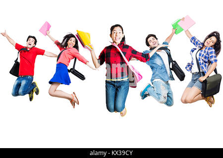 Indian Group College Students Friends Jumping Cheerful Successful Celebrating Stock Photo