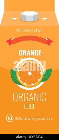 Orange juice box package with solid and flat color design style. Stock Vector