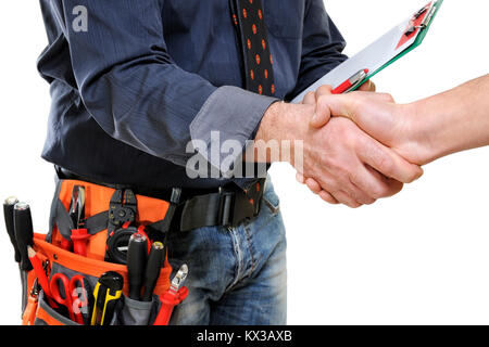 Elegant electrician technician shaking hands isolated on white background. Stock Photo
