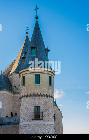Detail of tower of the Alcazar of Segovia with its windows and balconies Community of Castilla y Leon Spain Stock Photo
